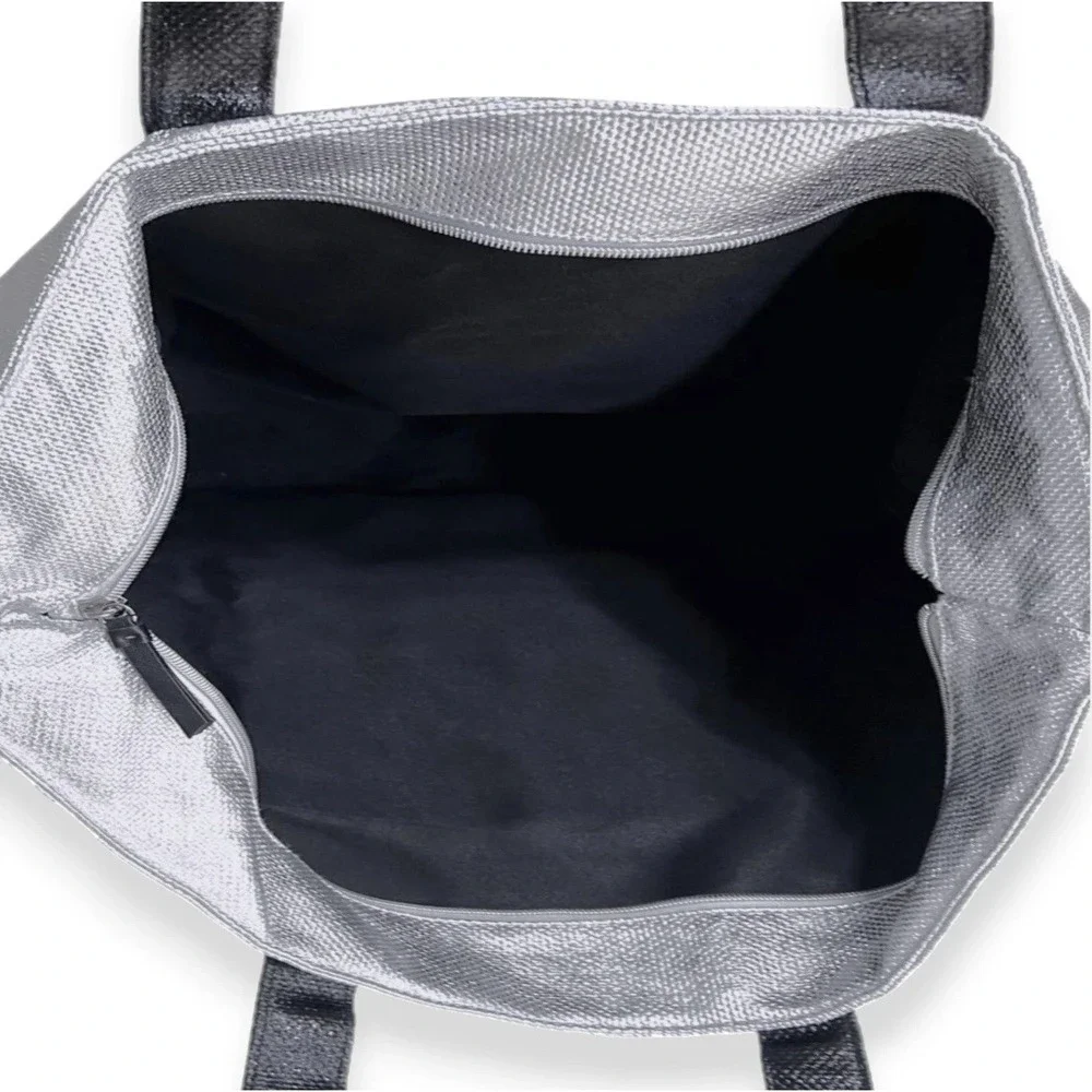 VICTORIA'S SECRET Silver Black Metallic Weekend Tote Bag‎ Zipper Closure NWT